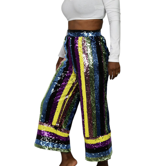 Fashion Nova Sequin Pant Rainbow Stripe Multicolor Cropped Wide Colorblock Small - Picture 2 of 16
